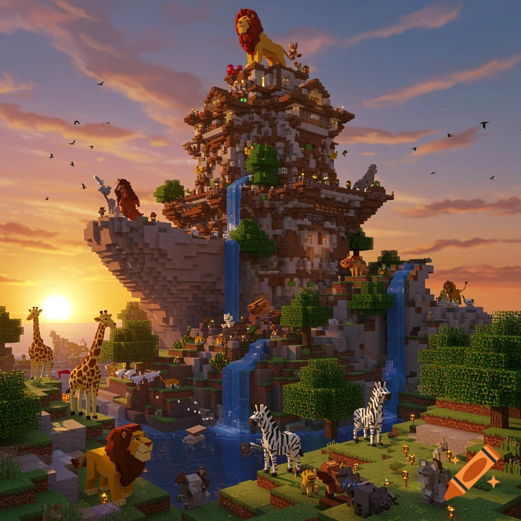 Minecraft style Pride Rock structure with waterfalls, animals, and sunrise.