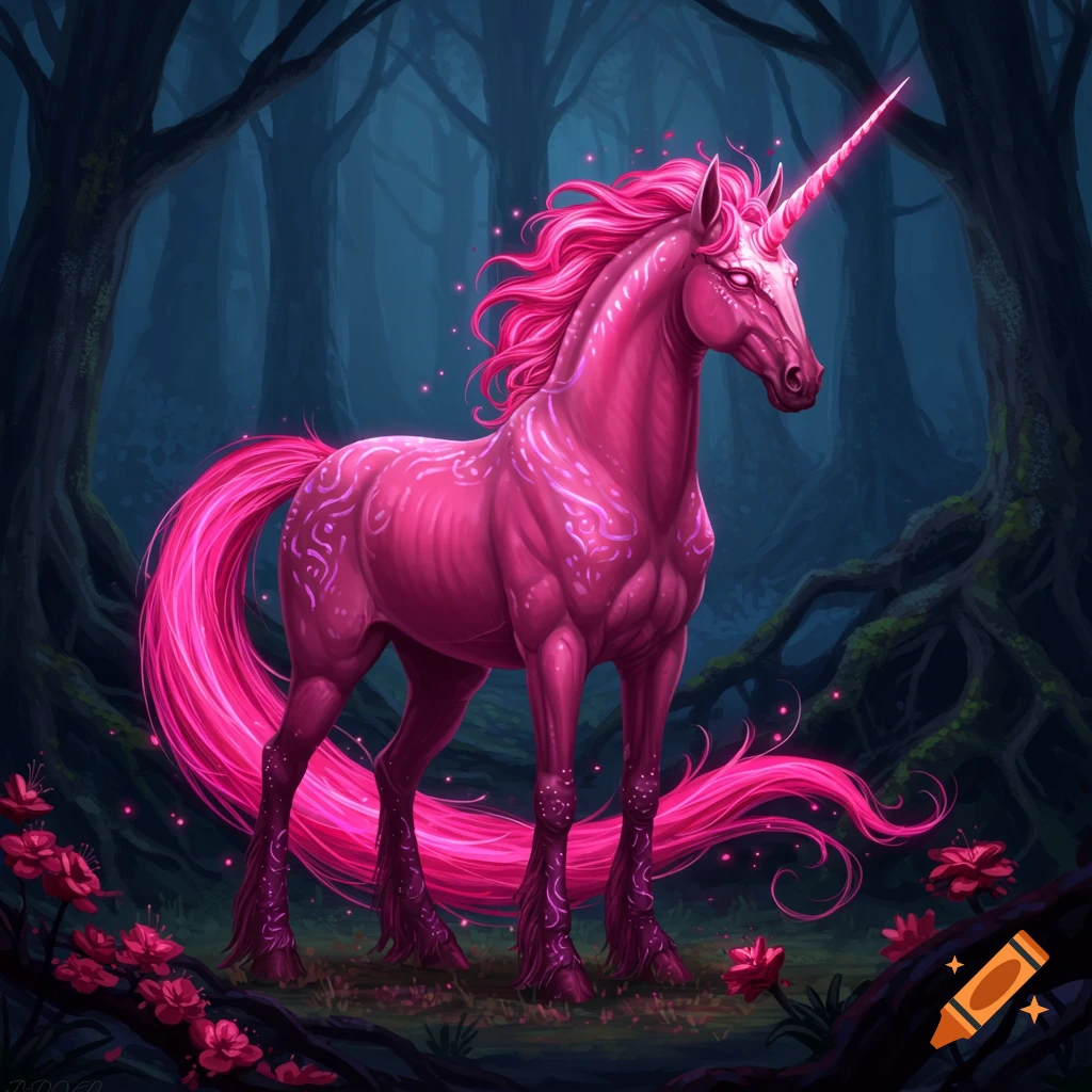 A vibrant pink unicorn with glowing patterns stands in a dark fantasy forest, digital art.