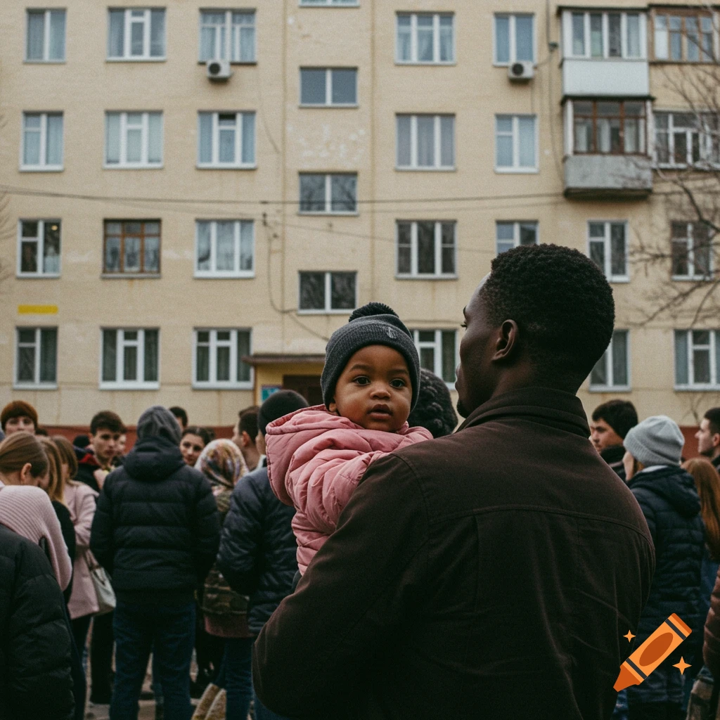 A Black man holds a child in a crowded outdoor space in front of a building. Documentary photo.