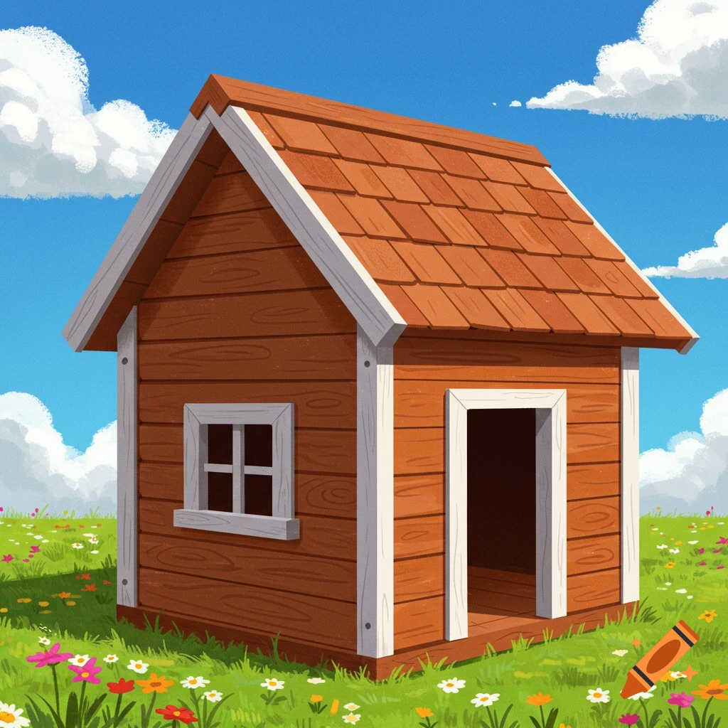 A small wooden house in a field of flowers under a blue sky.