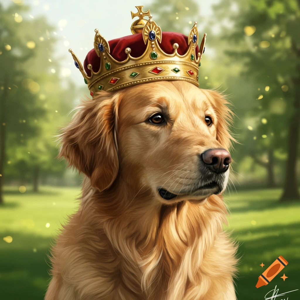 Golden retriever dog wearing a crown in a park