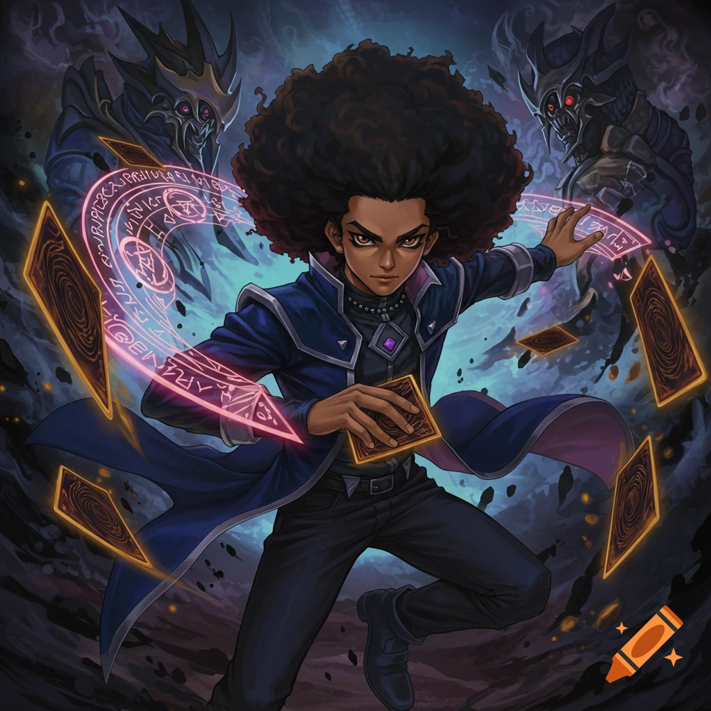 Anime style illustration of a young man with a large afro casting magic with trading cards, with dark monsters in the background.
