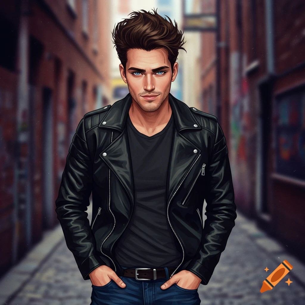 A man in a leather jacket stands in an alley.
