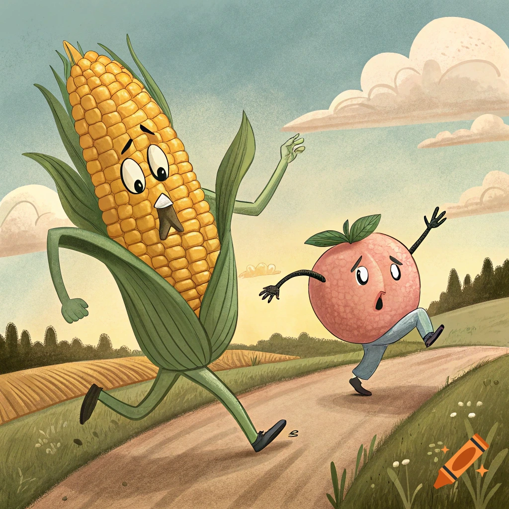 Cartoon illustration of a corn character chasing a peach character on a path through a field.