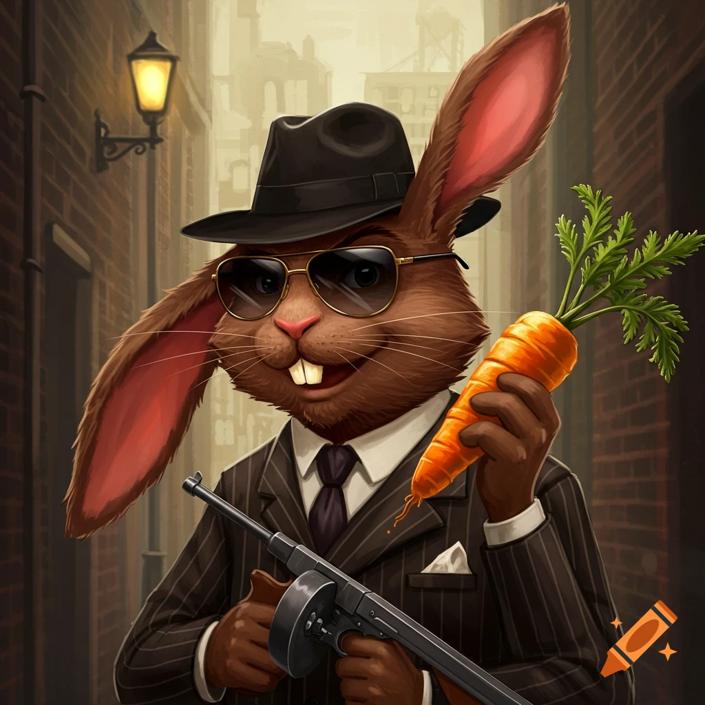 A rabbit dressed as a gangster, holding a machine gun and a carrot in a city alley.