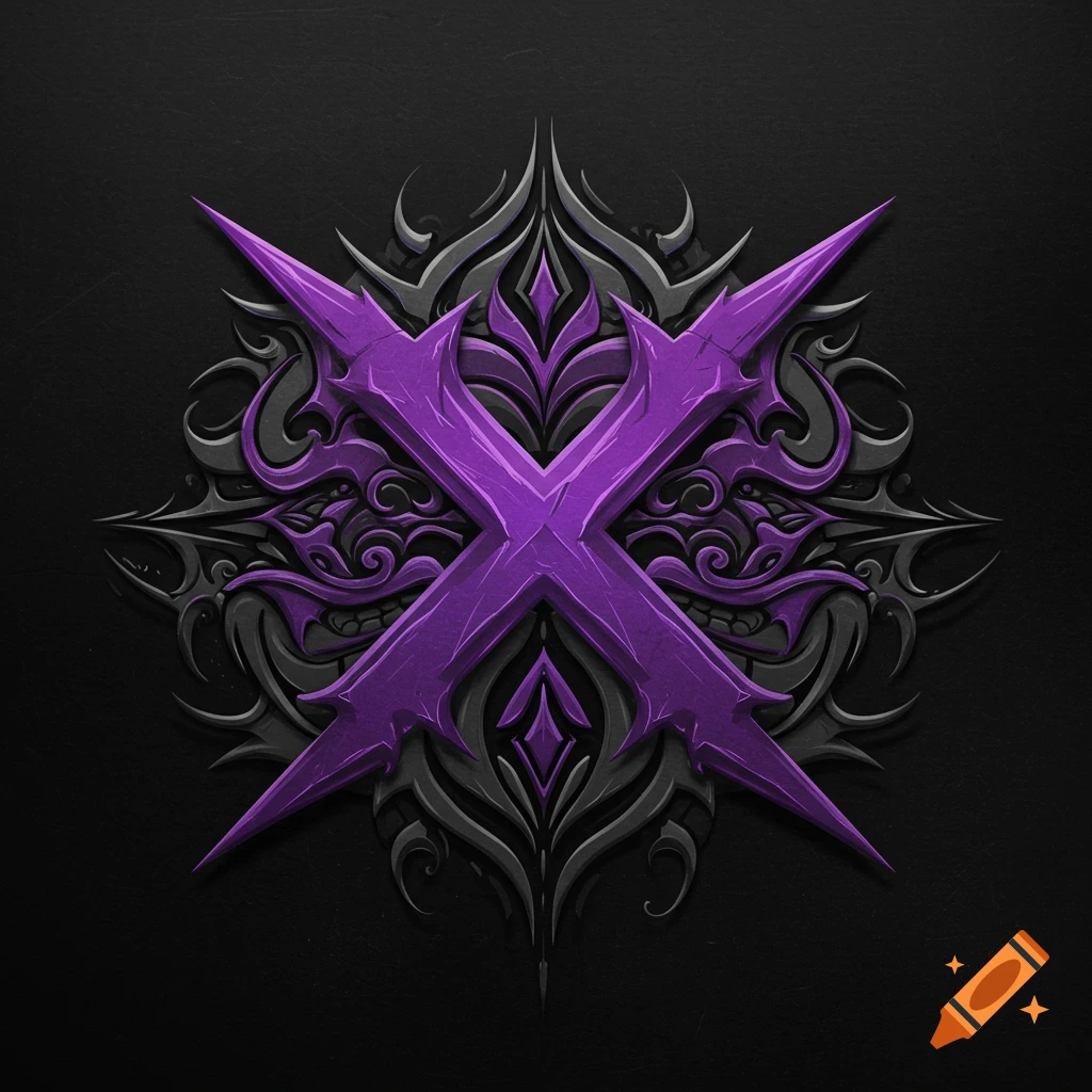 A stylized purple X symbol over an ornate black and gray background design.