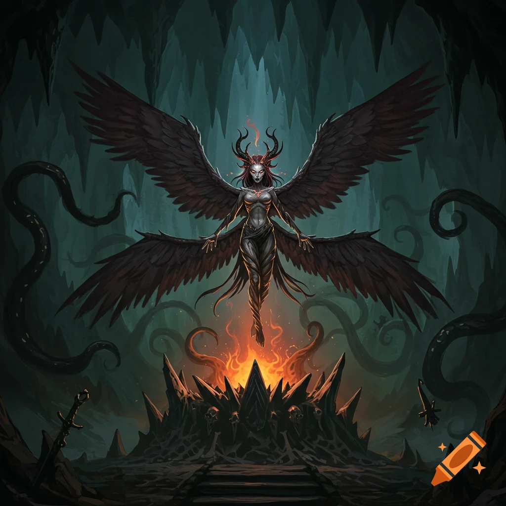 A dark figure with large black wings and horns hovers over a jagged altar with fire in a cave.