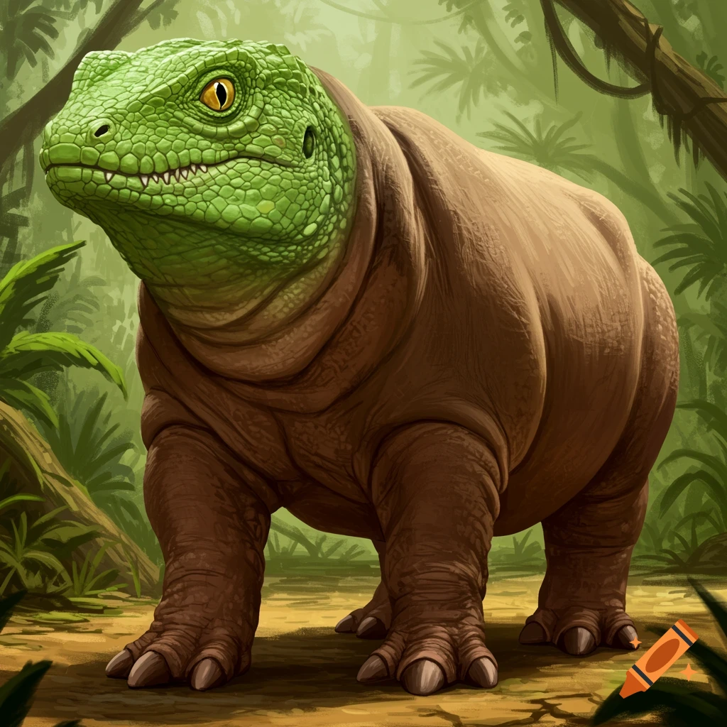 A hybrid creature with a green lizard head and brown hippo body stands in a jungle.