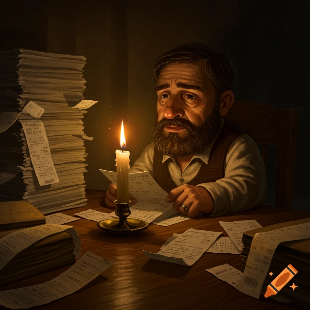 A short bearded man examines receipts by candlelight at a desk piled with papers.