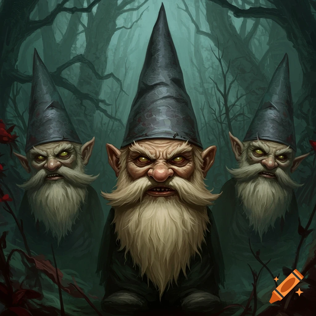 Three evil gnomes in a dark forest.