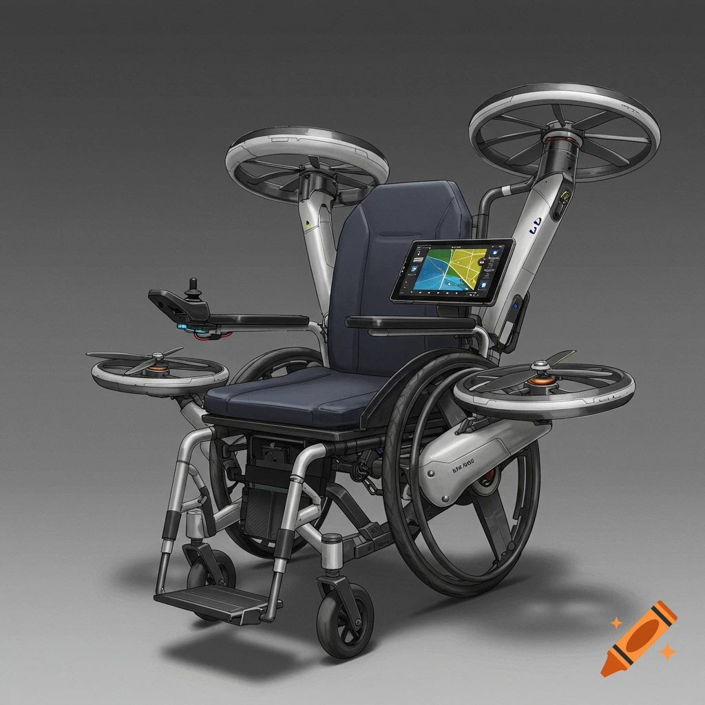 A futuristic wheelchair with drone propellers and a touchscreen display.