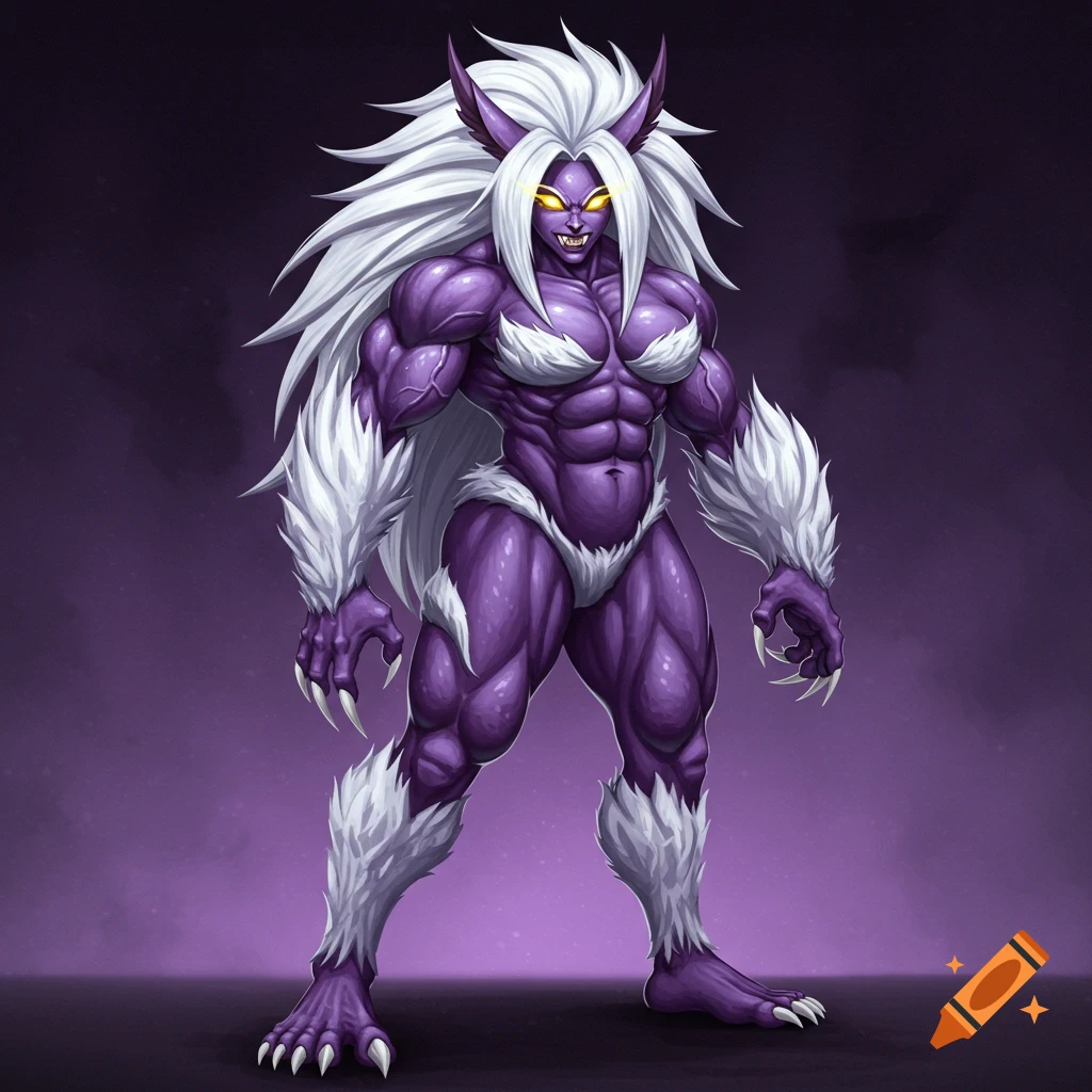 Painting of a muscular purple fantasy creature with white fur, claws, fangs, and yellow eyes.