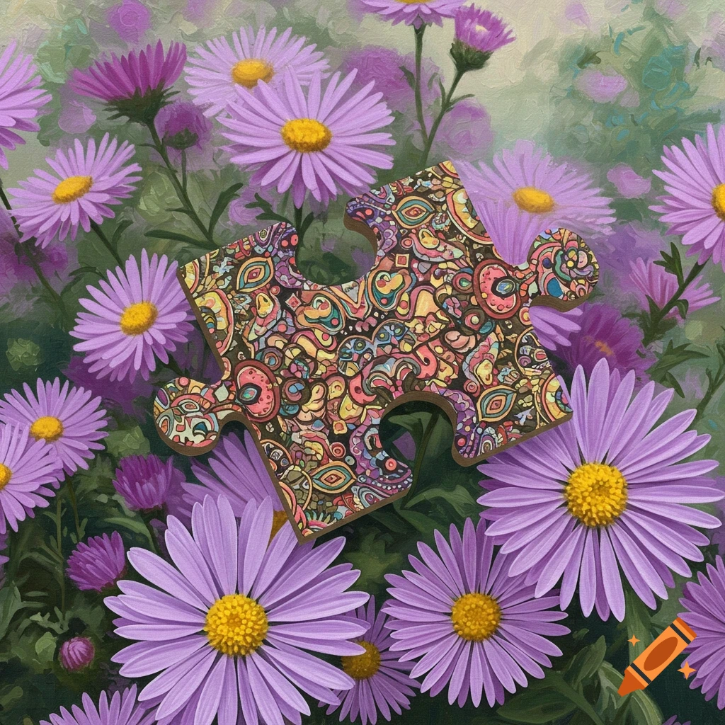 a puzzle piece on purple aster flowers.