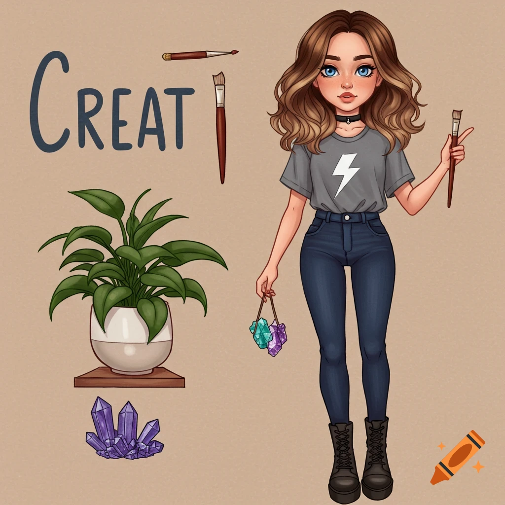 Stylized image of a young woman with wavy brown hair and blue eyes, holding paint brushes and crystals, standing next to a plant and text 'Creat'.