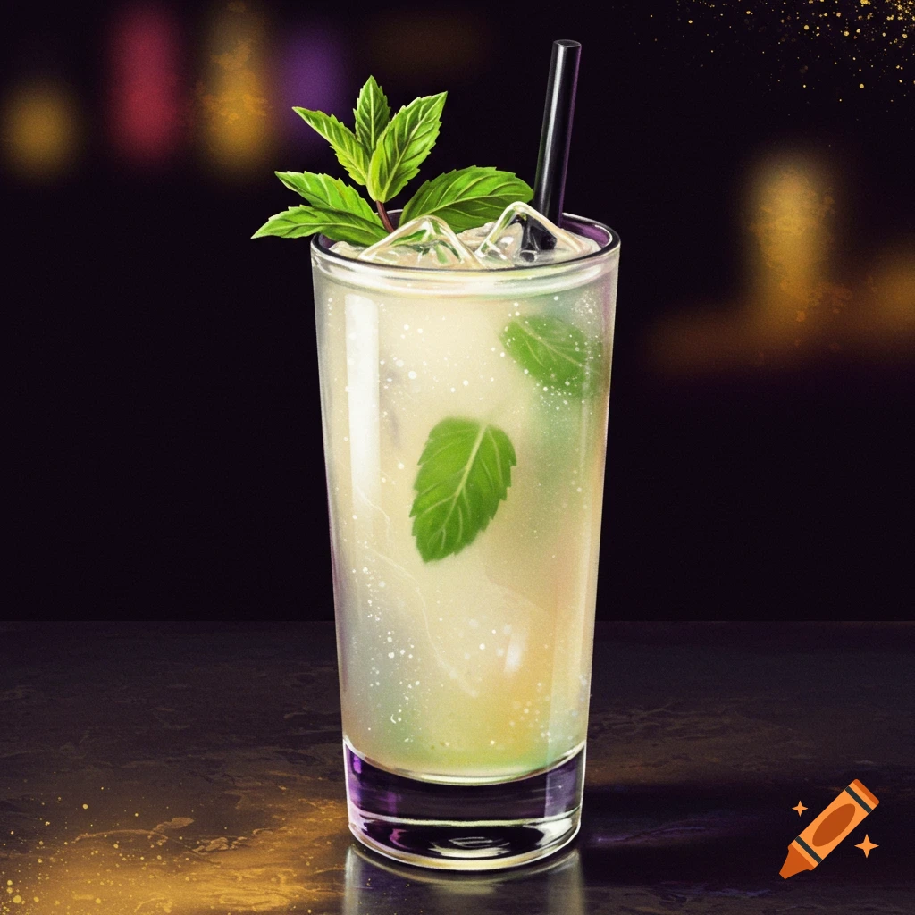 A tall glass cocktail with ice, mint leaves, and a black straw sits on a dark surface with a blurry background.
