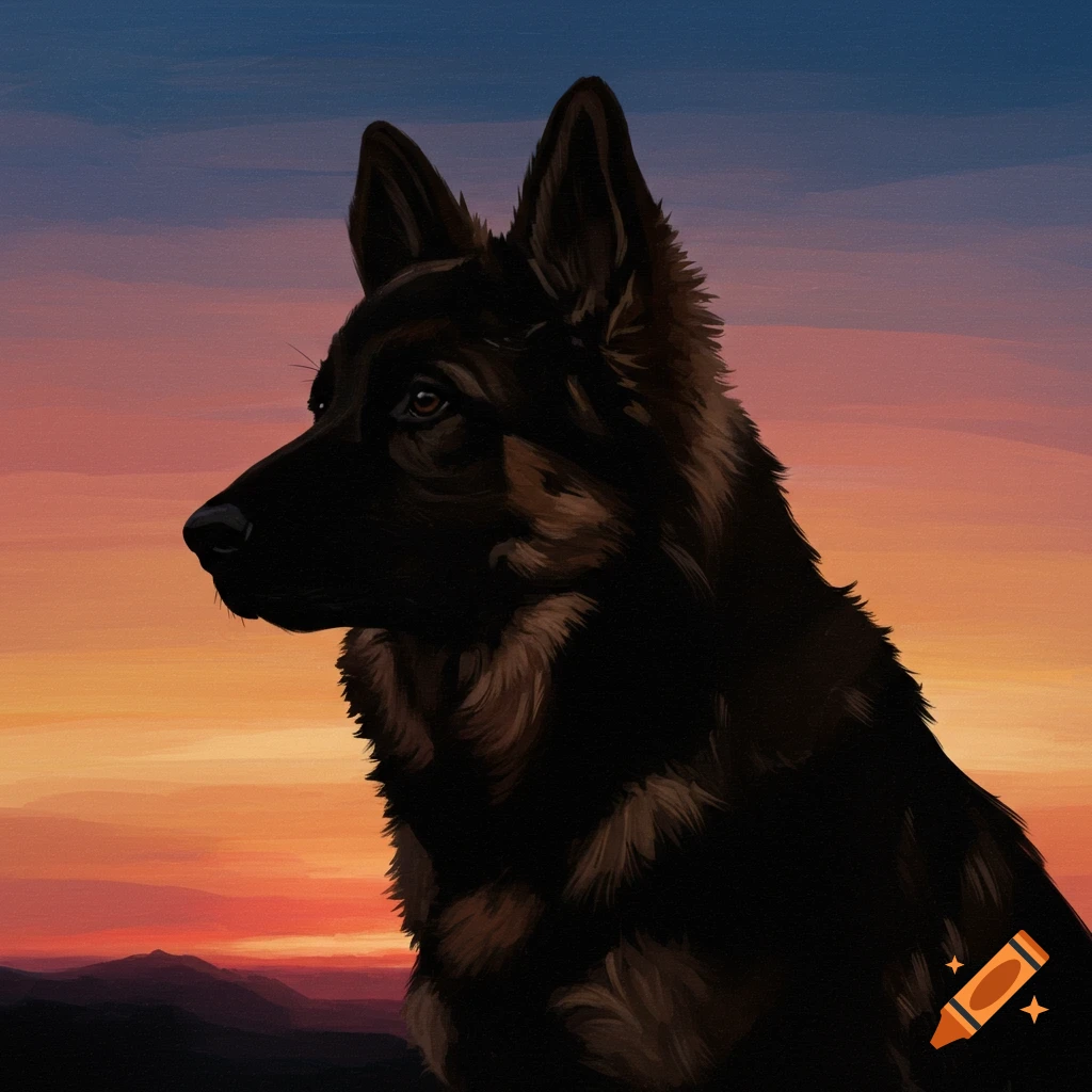 A German Shepherd silhouette portrait against a sunset sky.
