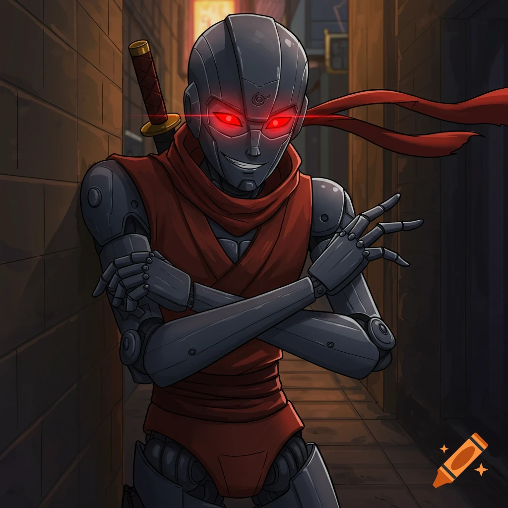 Anime drawing of a menacing robot ninja with red glowing eyes, smirking and leaning against a wall in an alley.