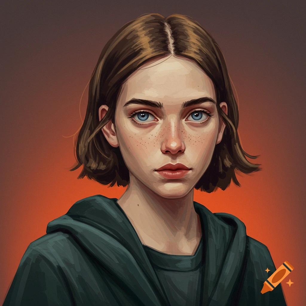portrait of a young woman with short brown hair, blue eyes, and freckles in a dark hoodie.