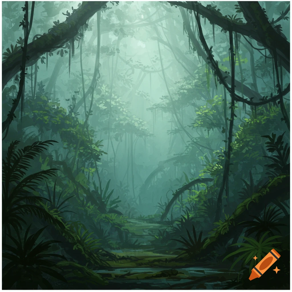 Misty, dense rainforest with vines and foliage.