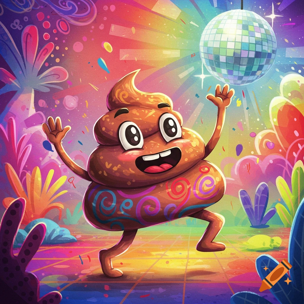 Cartoon poop emoji character dances under a disco ball at a vibrant party.