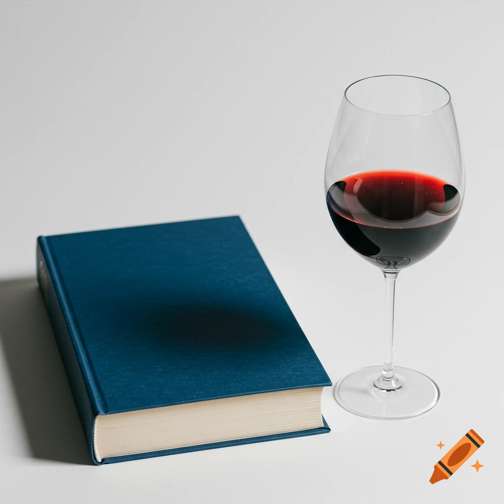 Still life of a closed blue book and a glass of red wine on white