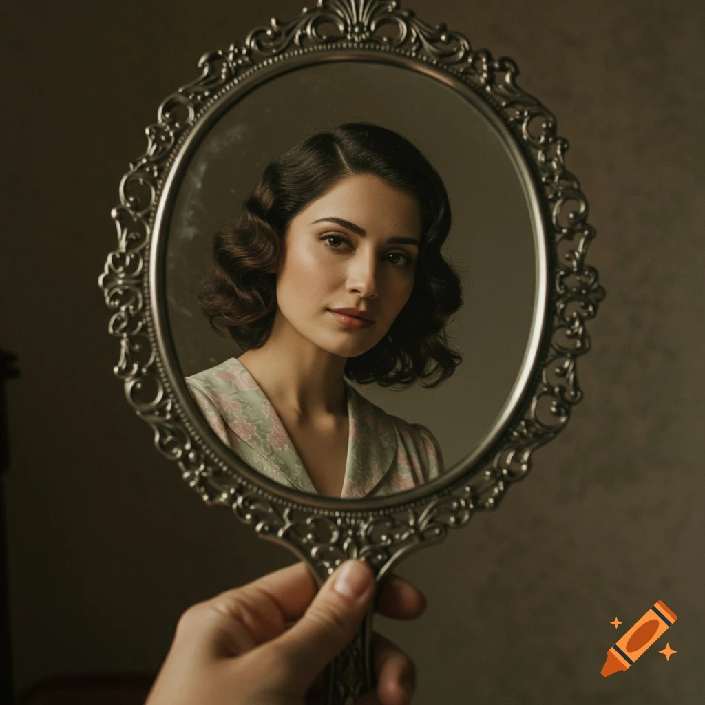 Woman's reflection in a vintage handheld mirror held by a hand, photorealistic style
