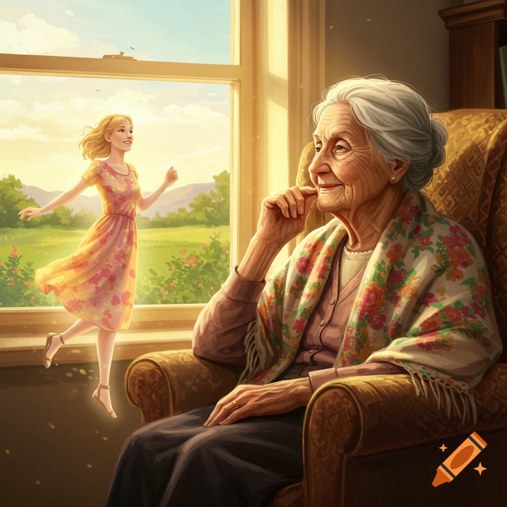 An elderly woman looks out a window at a younger version of herself floating outside.