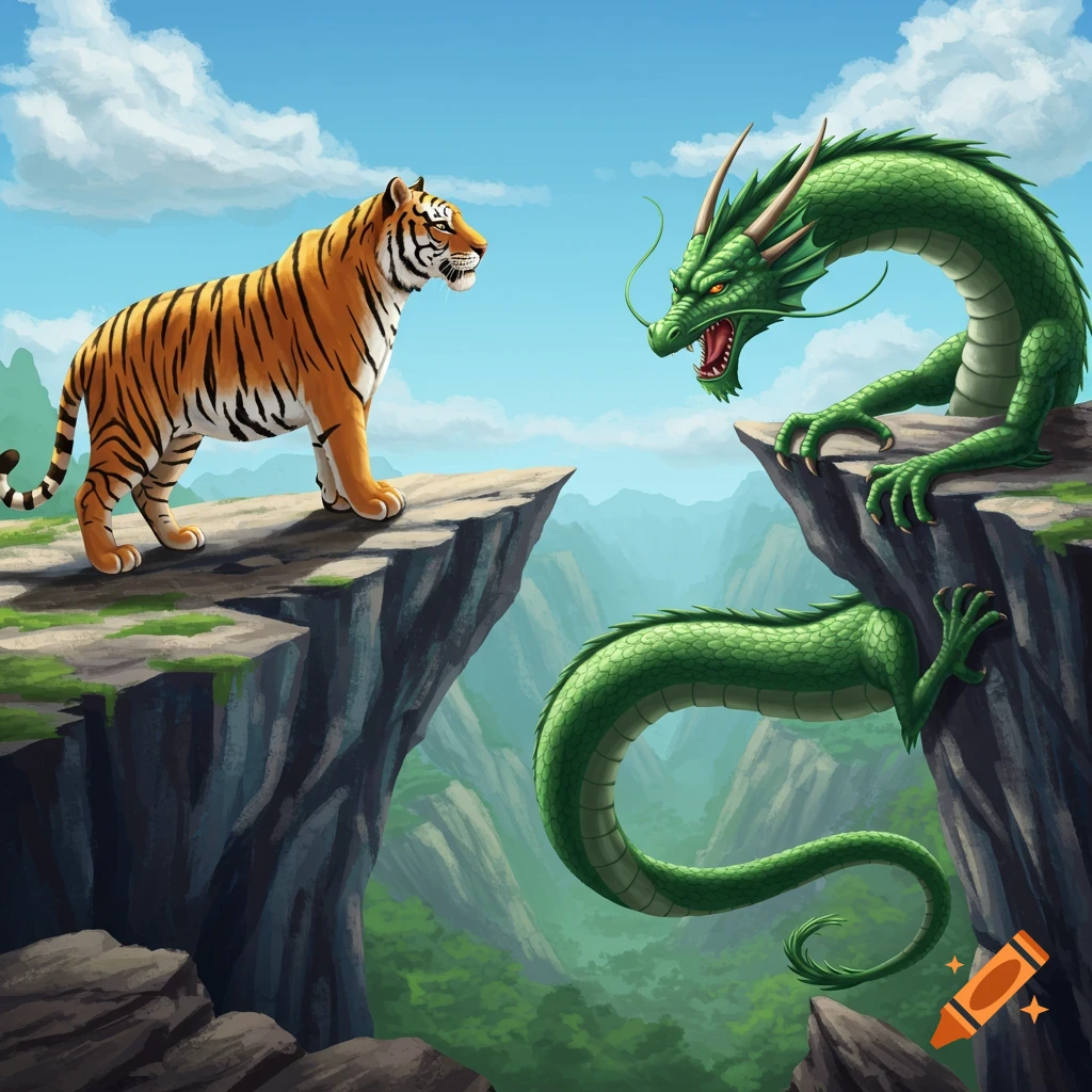 A tiger and a green dragon facing off on separate cliffs overlooking a valley.