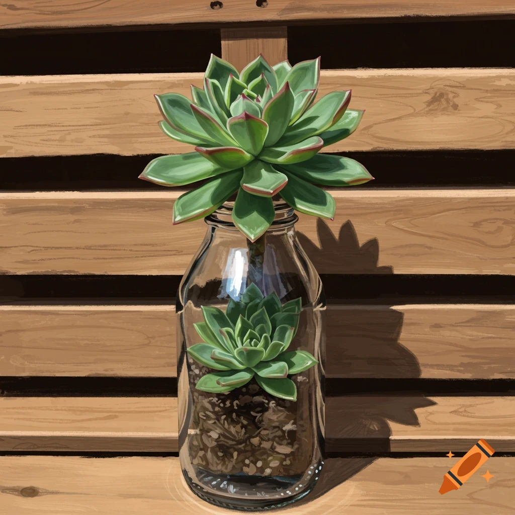 A succulent plant in a clear glass bottle against a wooden pallet background.