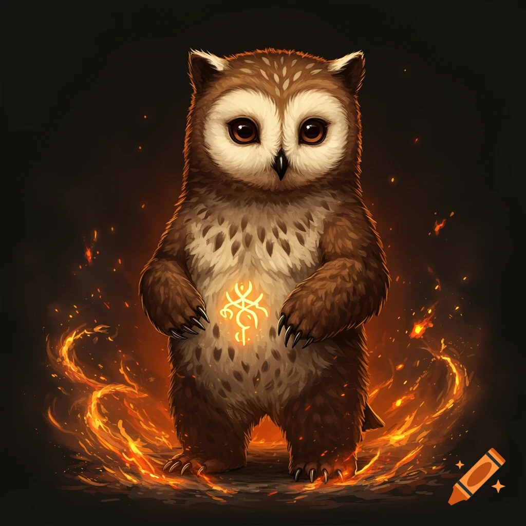 Digital fantasy art of a cute owlbear cub standing amidst fire, with a glowing sigil on its belly.