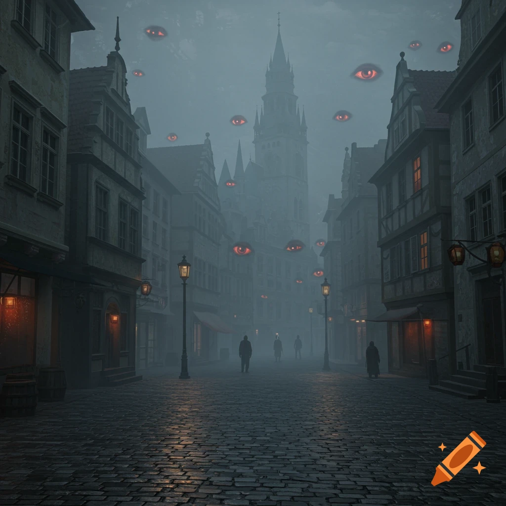 A foggy cobblestone street in a European-style town is filled with eerie, glowing red eyes floating in the sky. Figures walk in the mist.