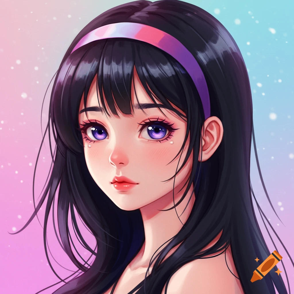 Anime portrait of a girl with long black hair, violet eyes, and a headband on a pastel background