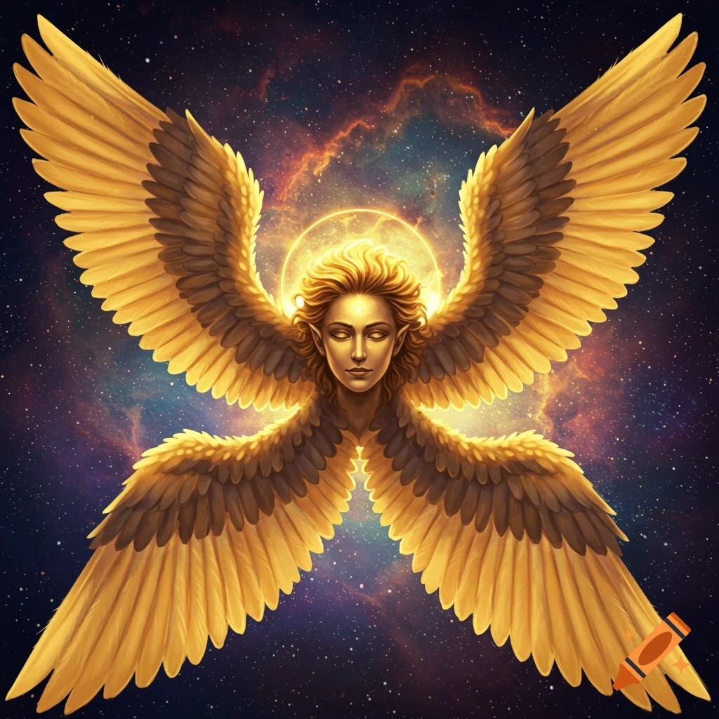 A golden-winged angel against a starry space background.
