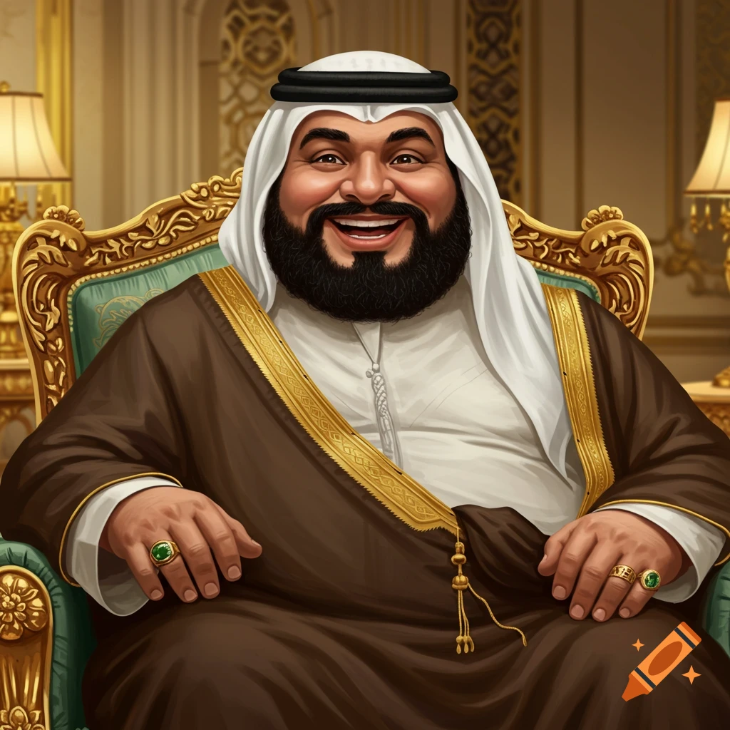 A smiling man in traditional Middle Eastern clothing sits in an ornate chair.