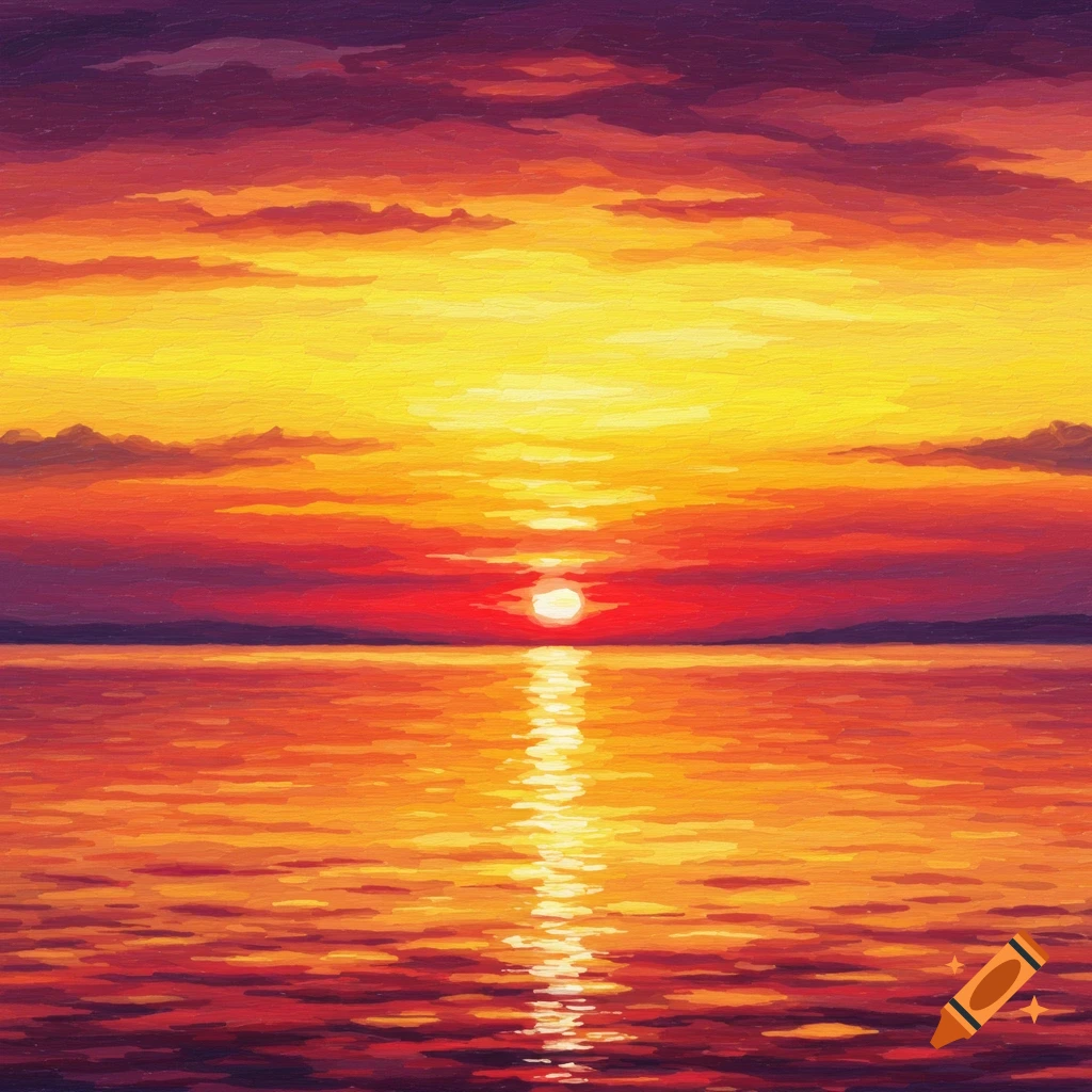 A vibrant sunset over the ocean with reflection on the water in warm colors.