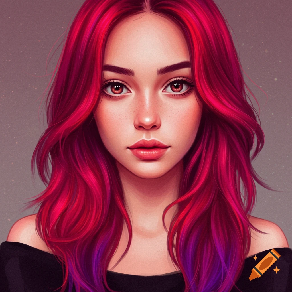 A portrait of a woman with vibrant red and purple hair.