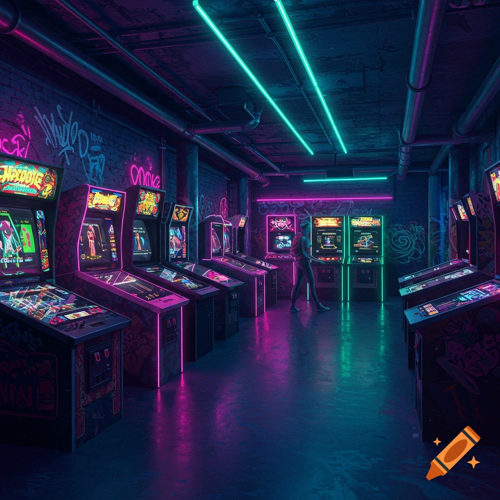 People play various arcade and pinball machines in a dimly lit game ...