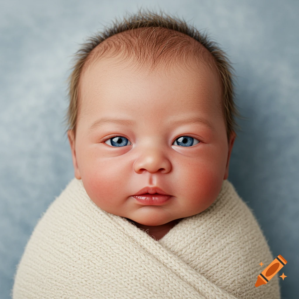 Close-up photorealistic portrait of a newborn baby with blue eyes swaddled in a cream blanket.