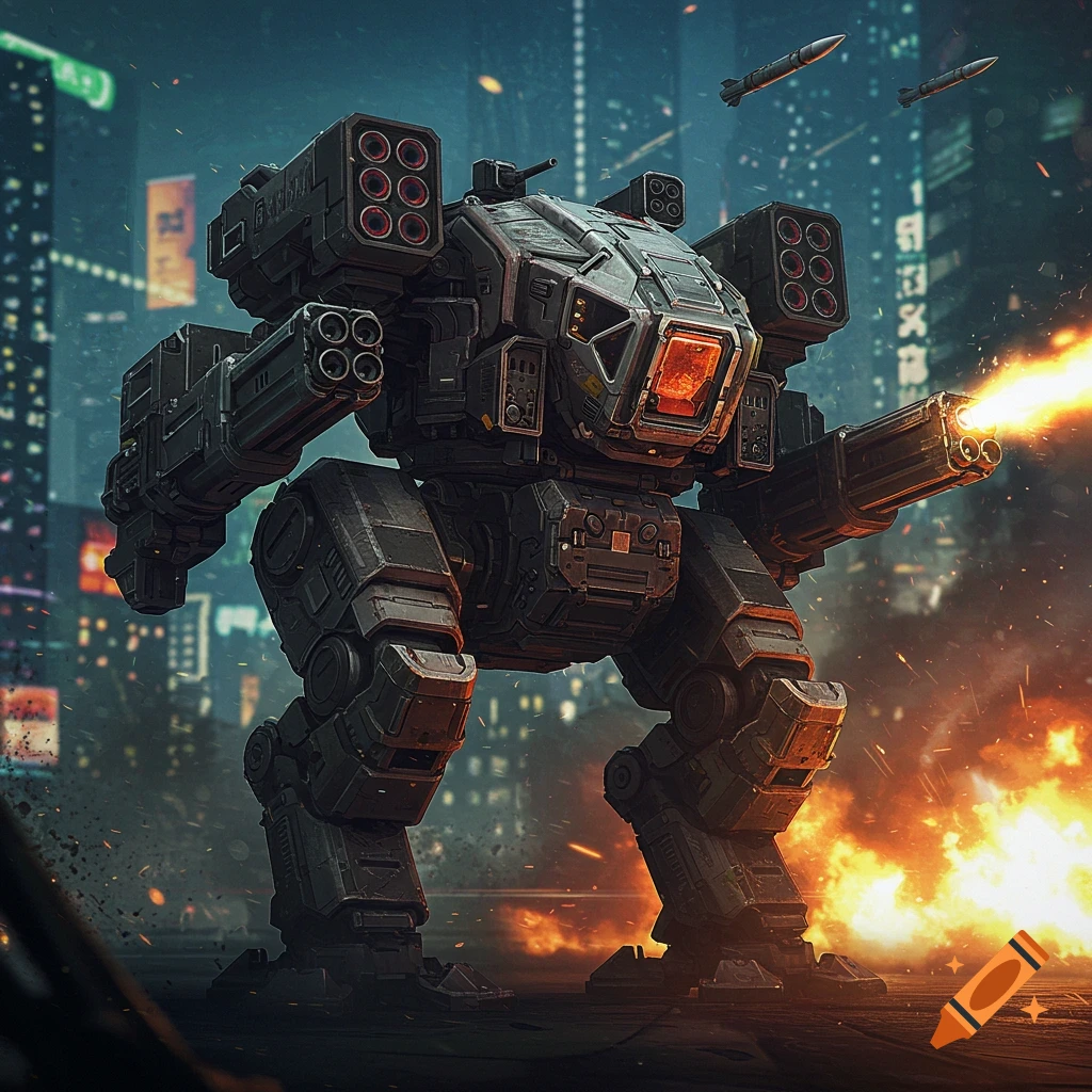 A heavy armored mech battles in a city, firing cannons and launching missiles.