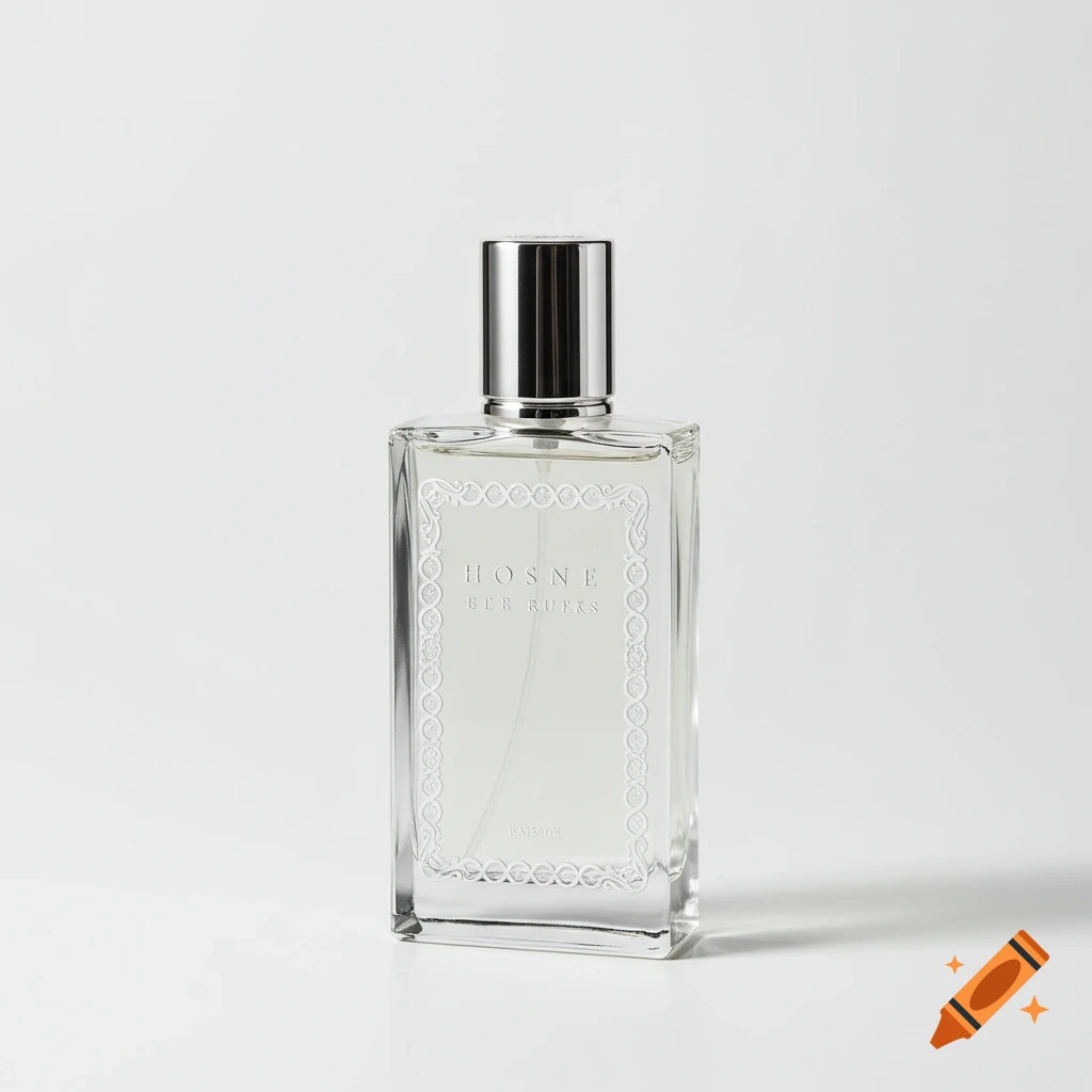 Photorealistic studio shot of a clear rectangular glass perfume bottle with a silver cap and a white border.