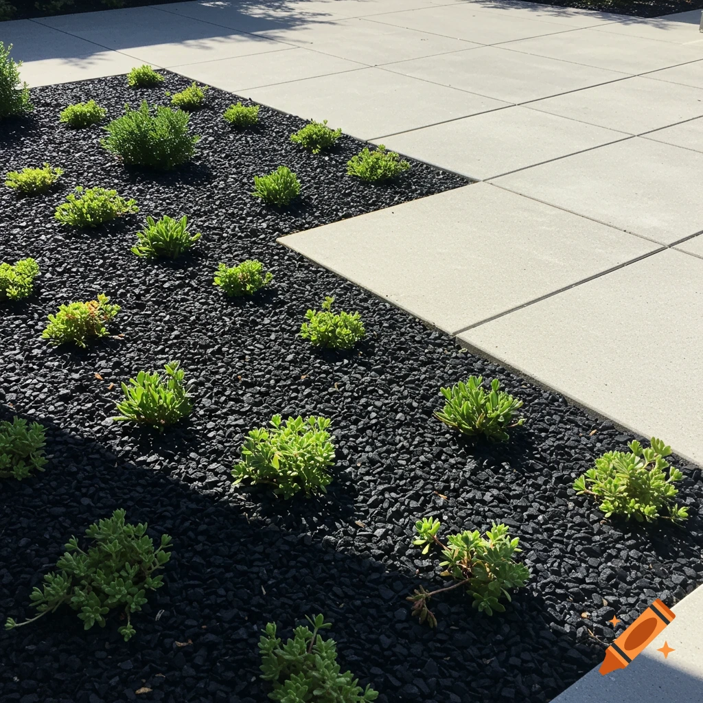 Landscape with a concrete patio bordered by black rocks and small green plants.