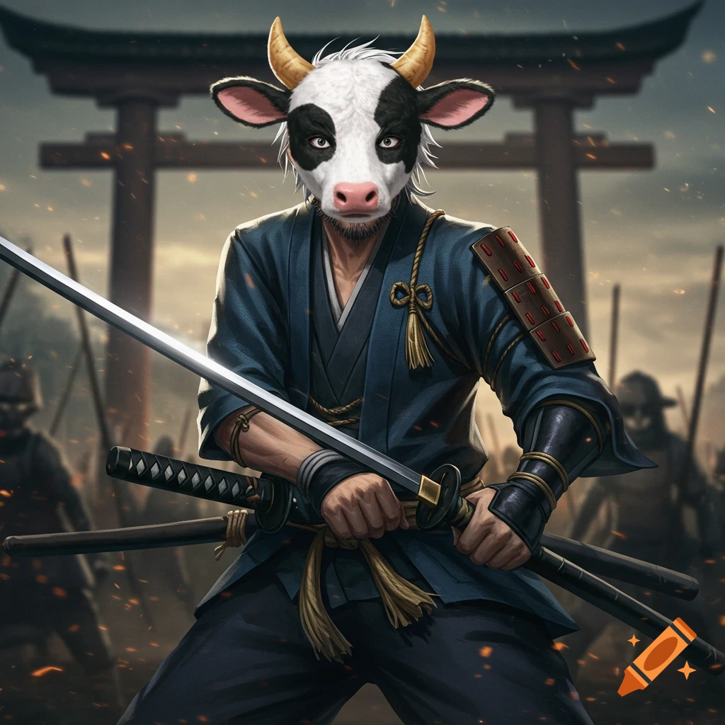 Cow-headed samurai in armor holds two swords in a battle scene with a Japanese gate.