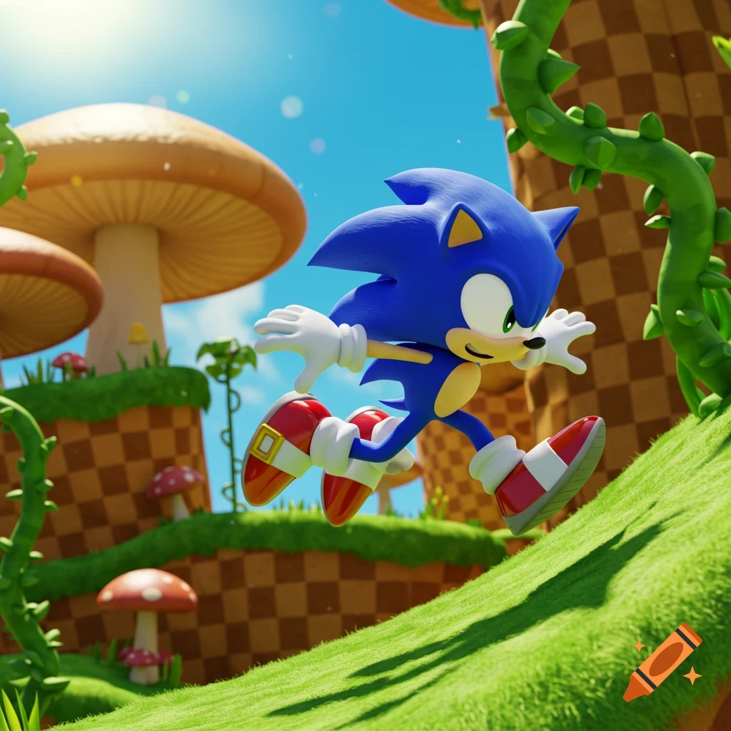 Sonic the Hedgehog runs across a grassy hill in a bright, stylized 3D video game environment with checkered patterns and large mushrooms.