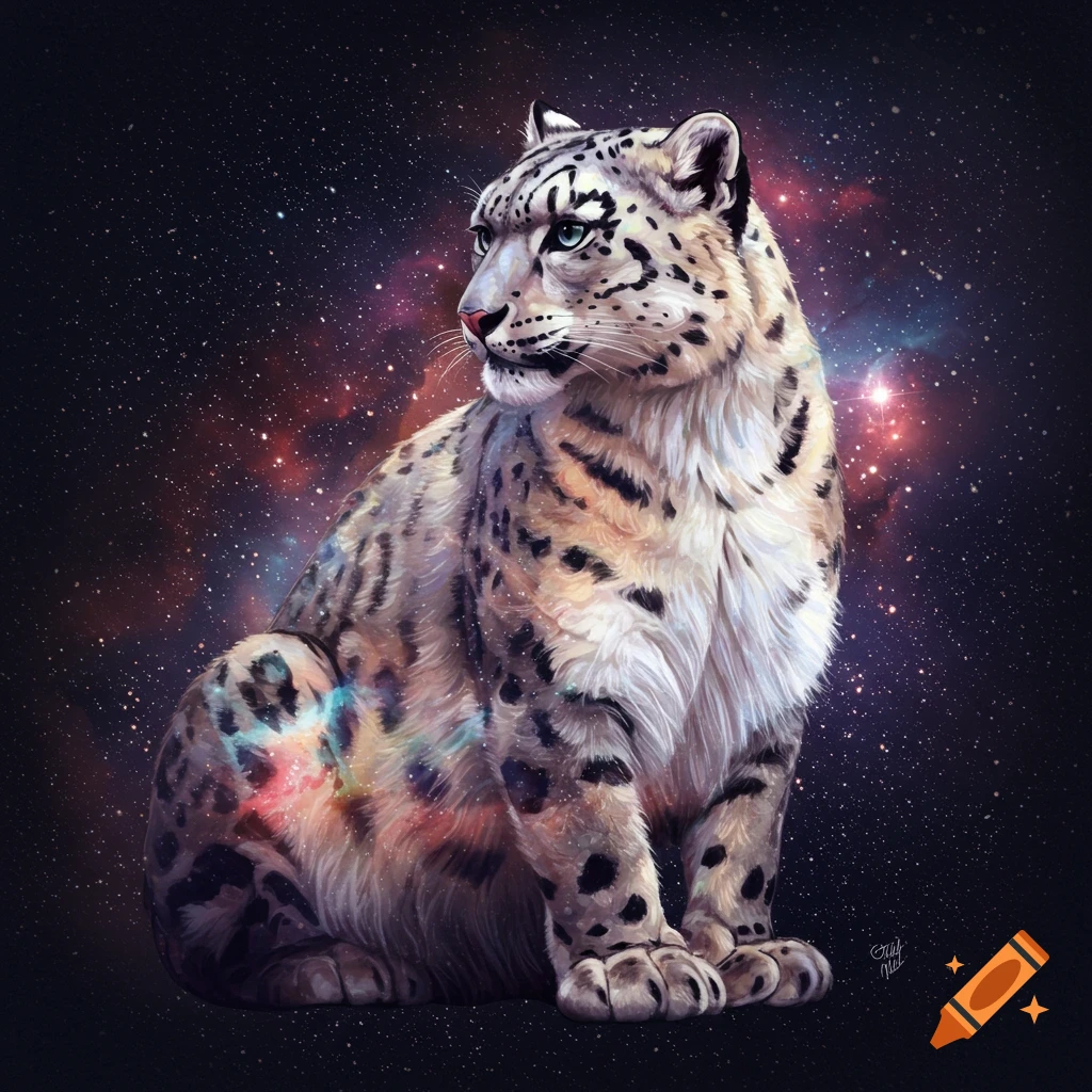 A snow leopard sitting against a starry space background with nebulae on its fur.