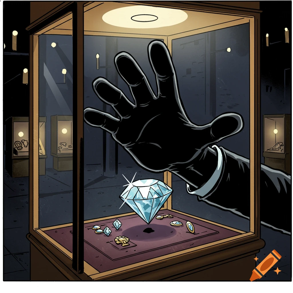 Hand in black glove reaches into museum display case to steal large diamond.