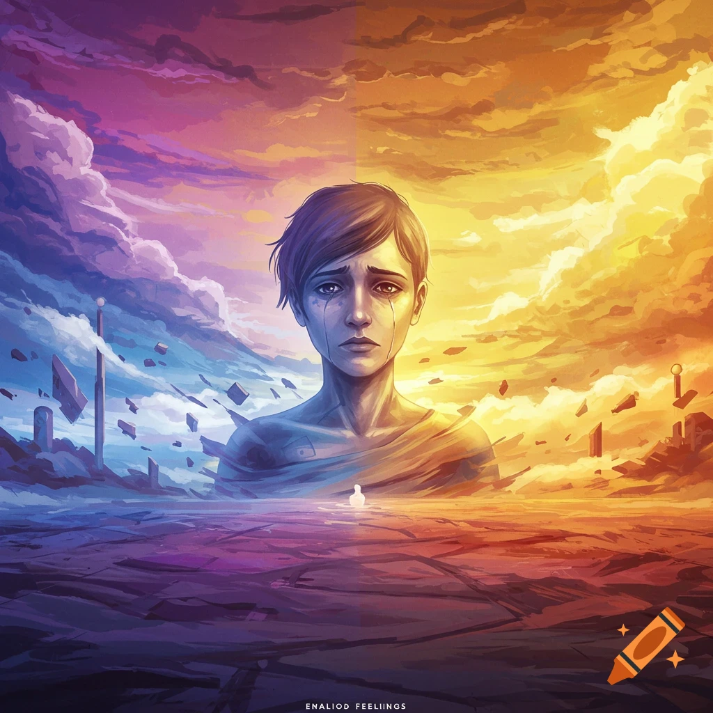Painting of a crying person in a surreal landscape split between purple and orange skies.