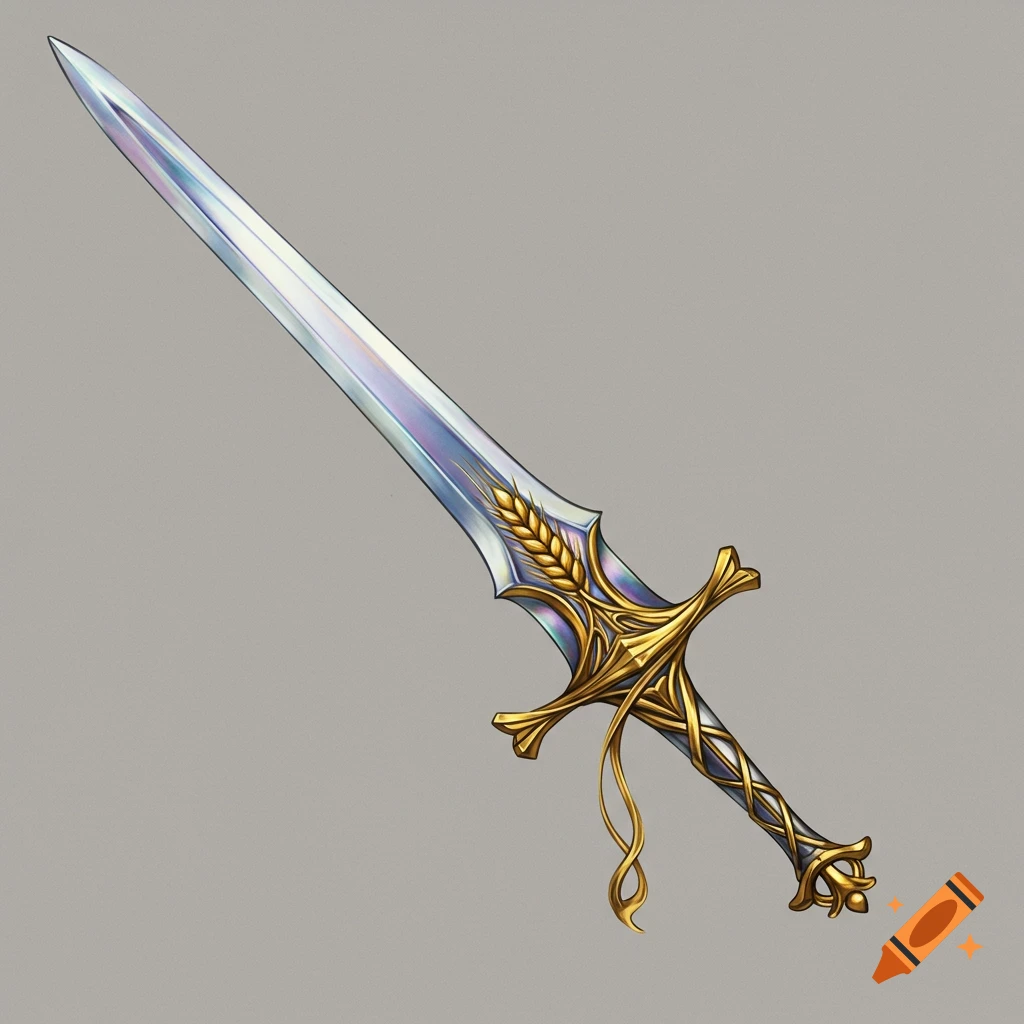 A silver sword with a golden hilt resembling a stalk of wheat. The blade is iridescent.