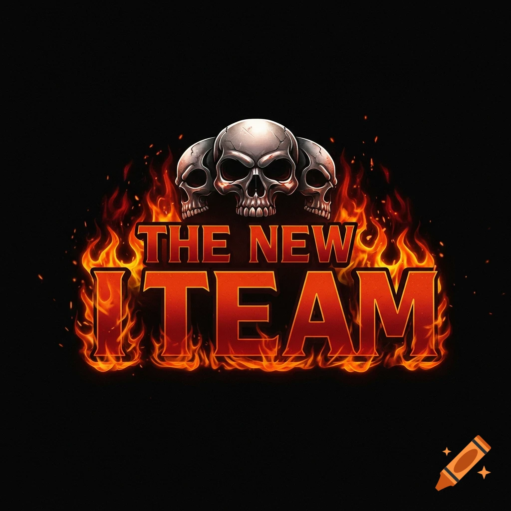 Logo with three skulls above text 'THE NEW ITEAM' surrounded by fire