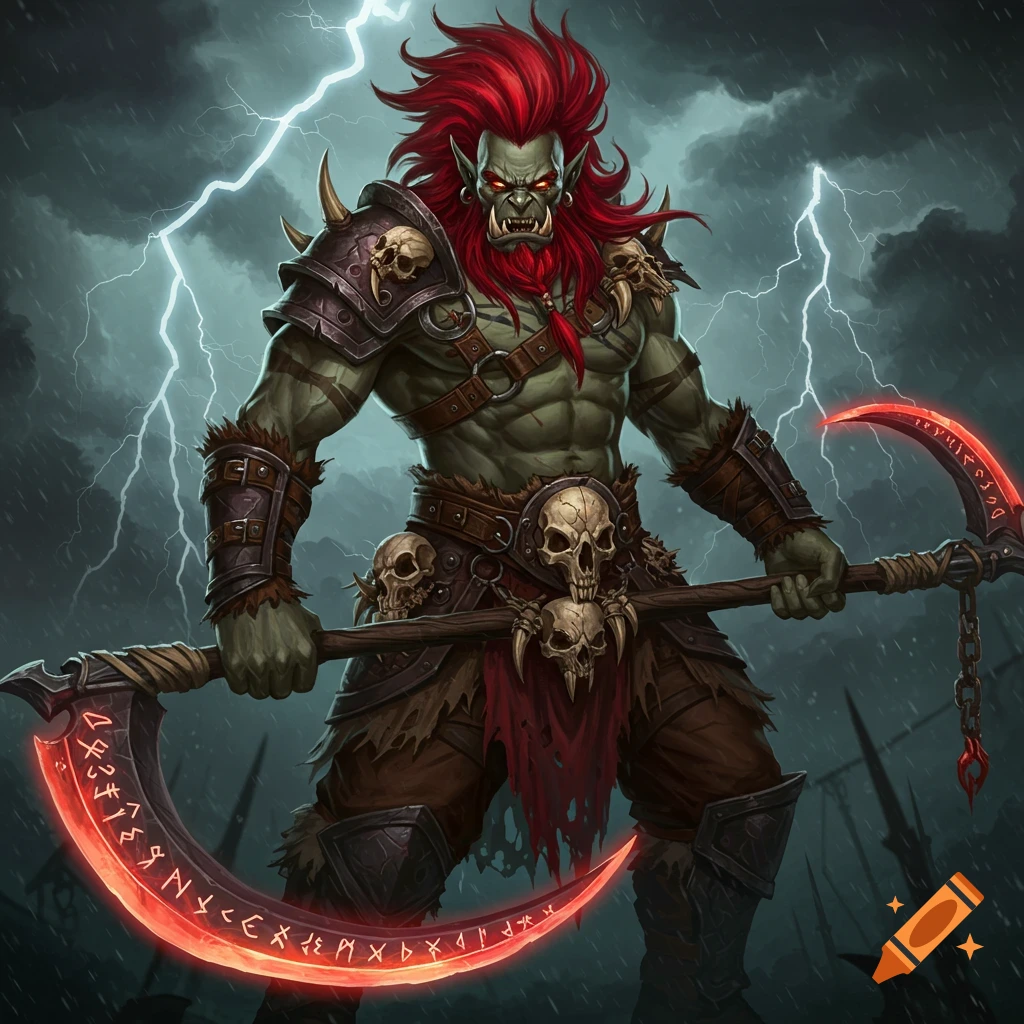A muscular green orc warrior with red hair, holding a large sickle, wearing armor adorned with skulls, standing in a stormy, rain-filled landscape with lightning.