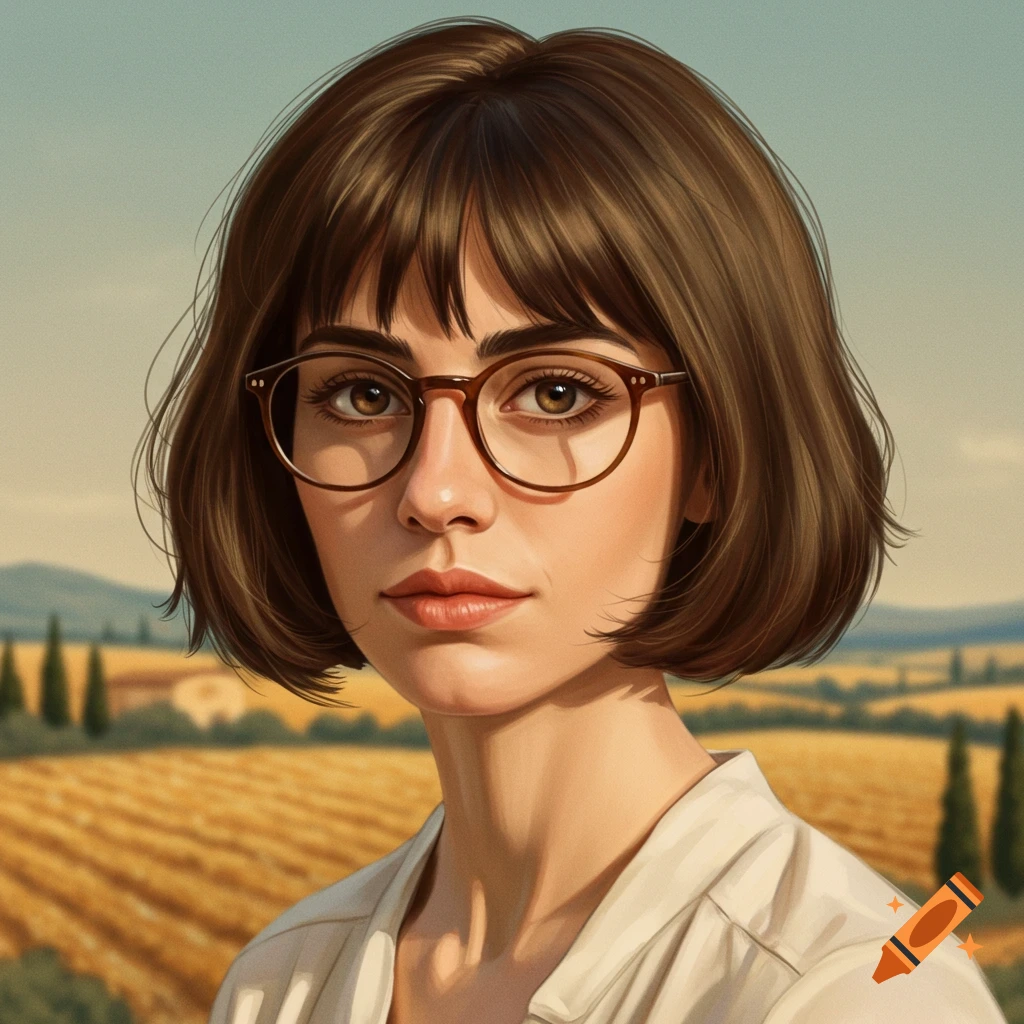 Portrait of a woman with short brown hair and glasses in a landscape.